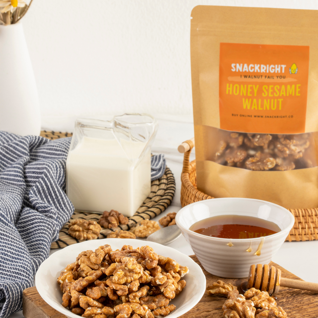 honey sesame walnut with a glass of milk