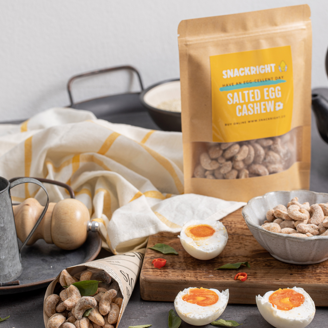 salted egg cashew packets on countertop